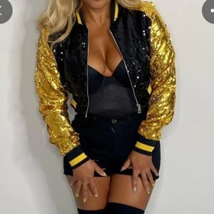 Black Casual Patchwork Sequins Cardigan Zipper Collar Outerwear